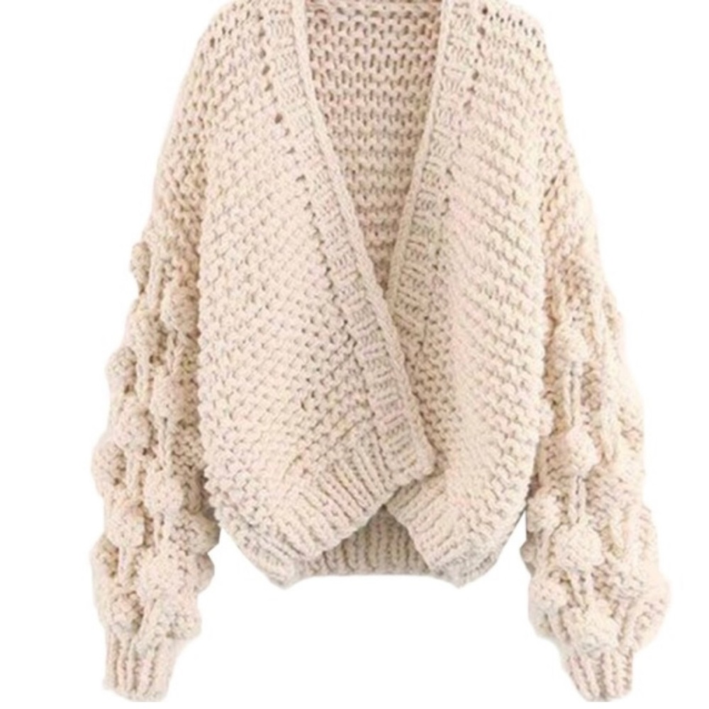 Cream Oversized Bubble Sleeve Knit Cardigan Jacket by Fate